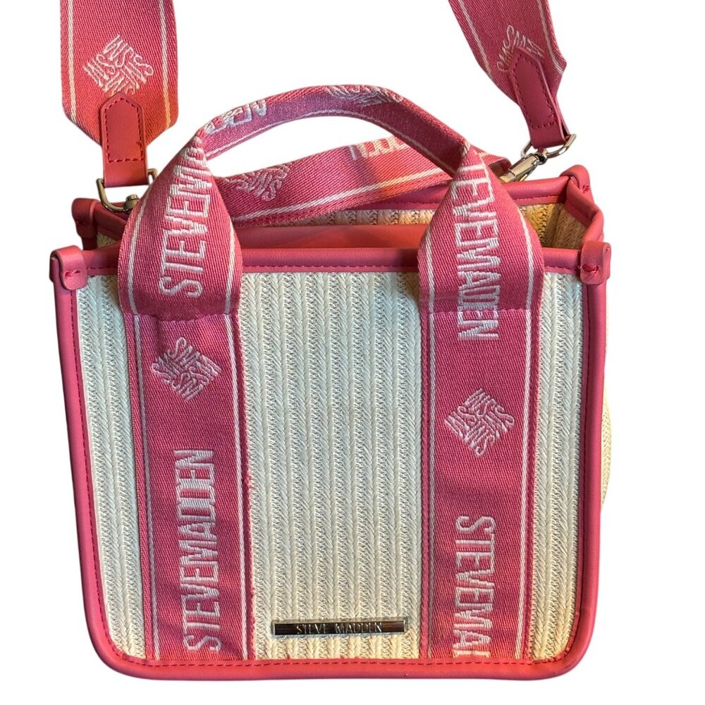 New Steven Madden Pink & White Woven Crossbody Bag w/ Adj Strap Interior Pockets